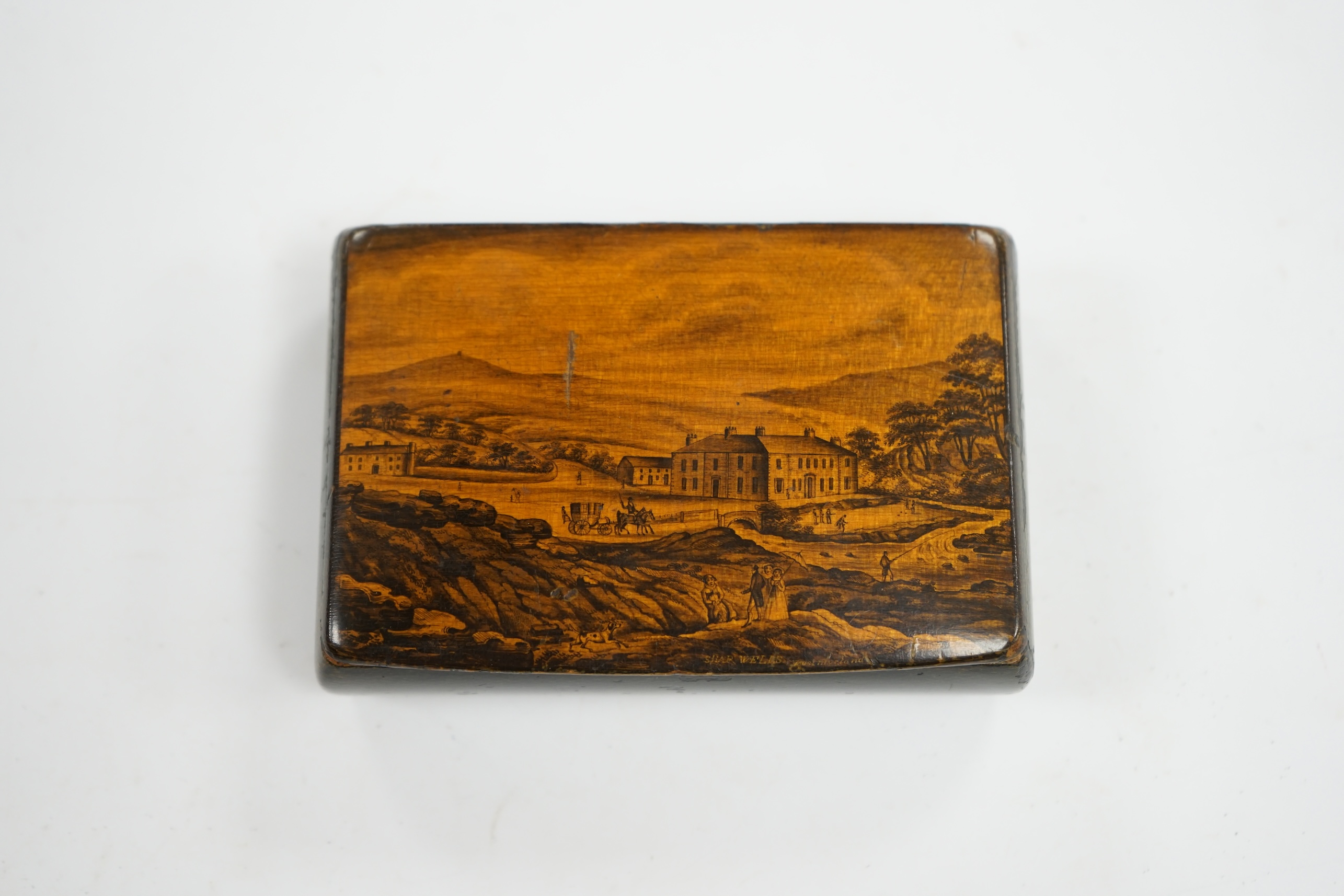 An early 19th century Scottish Mauchline ware penwork snuffbox, with green faux fish skin borders, 9.5cm wide. Condition - good